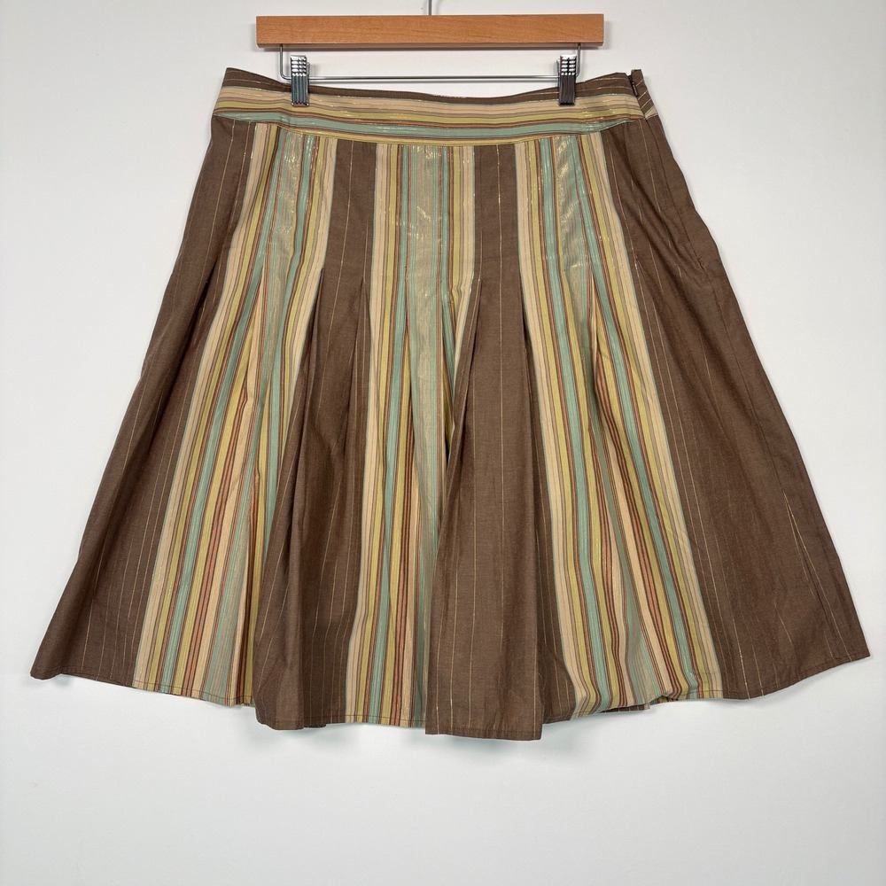 Talbots Women Skirt 14 Brown Striped Metallic Pleated A-Line Knee Length Cotton